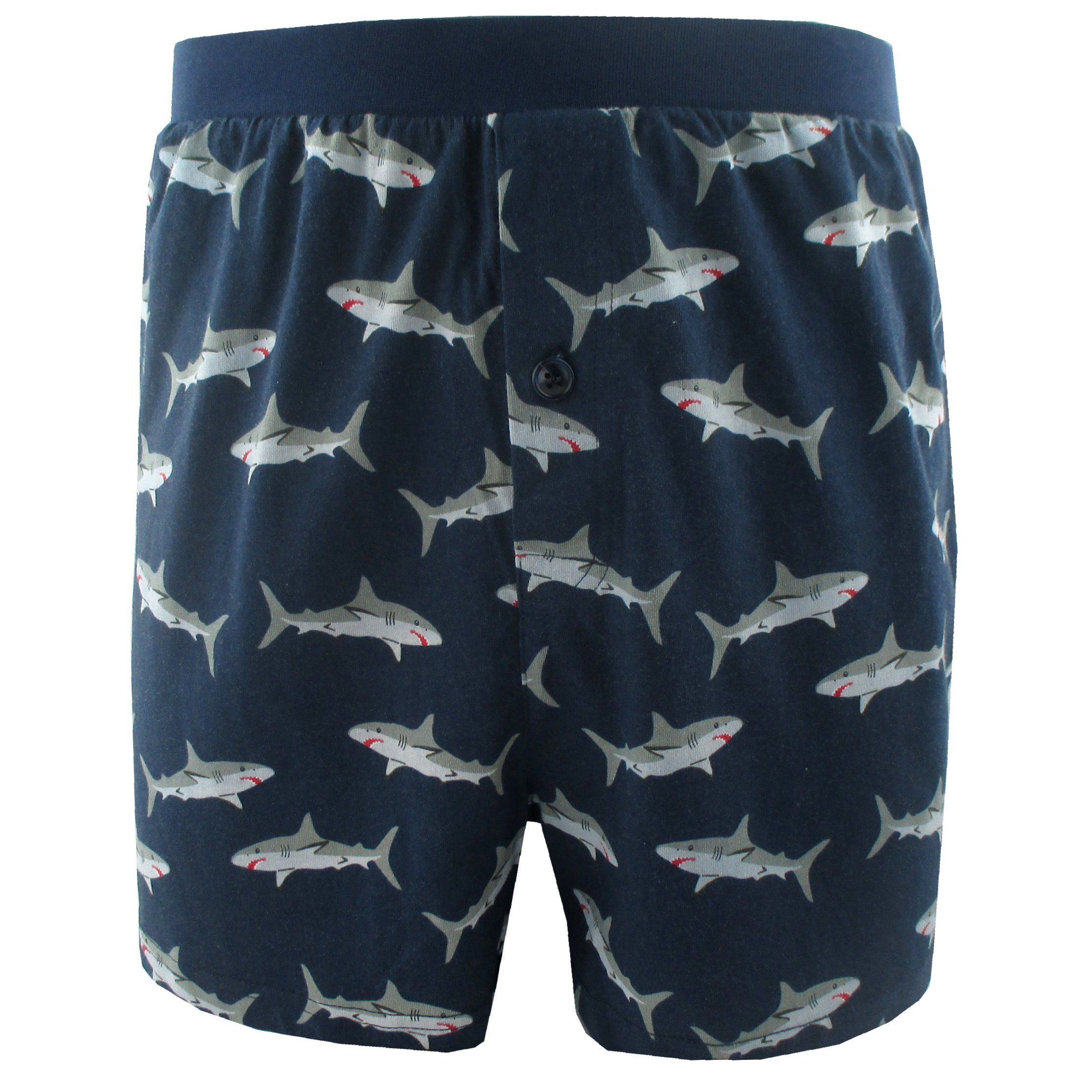 Classic Shark All Over Print Navy Blue Cotton Knit Boxer Shorts for Men