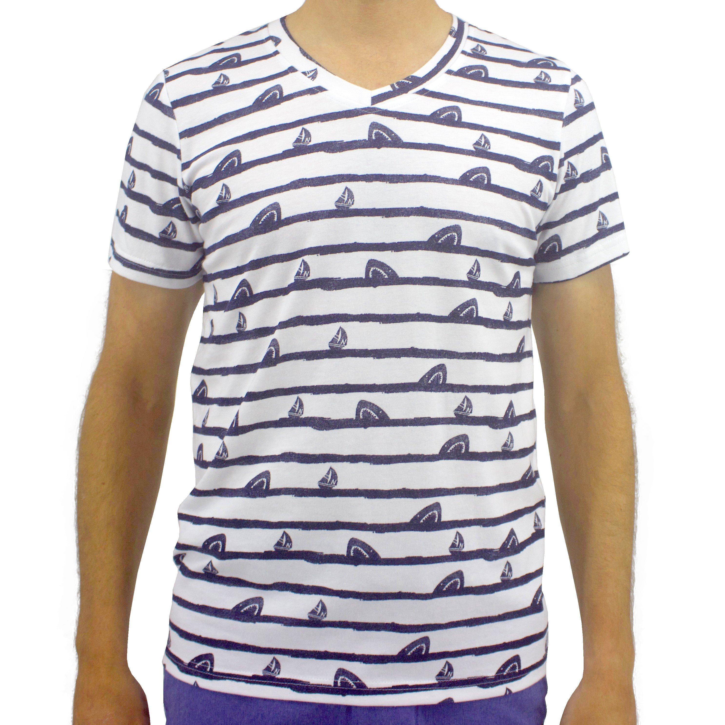 Men's White Striped V-Neck Shark Print T-Shirt Casualwear