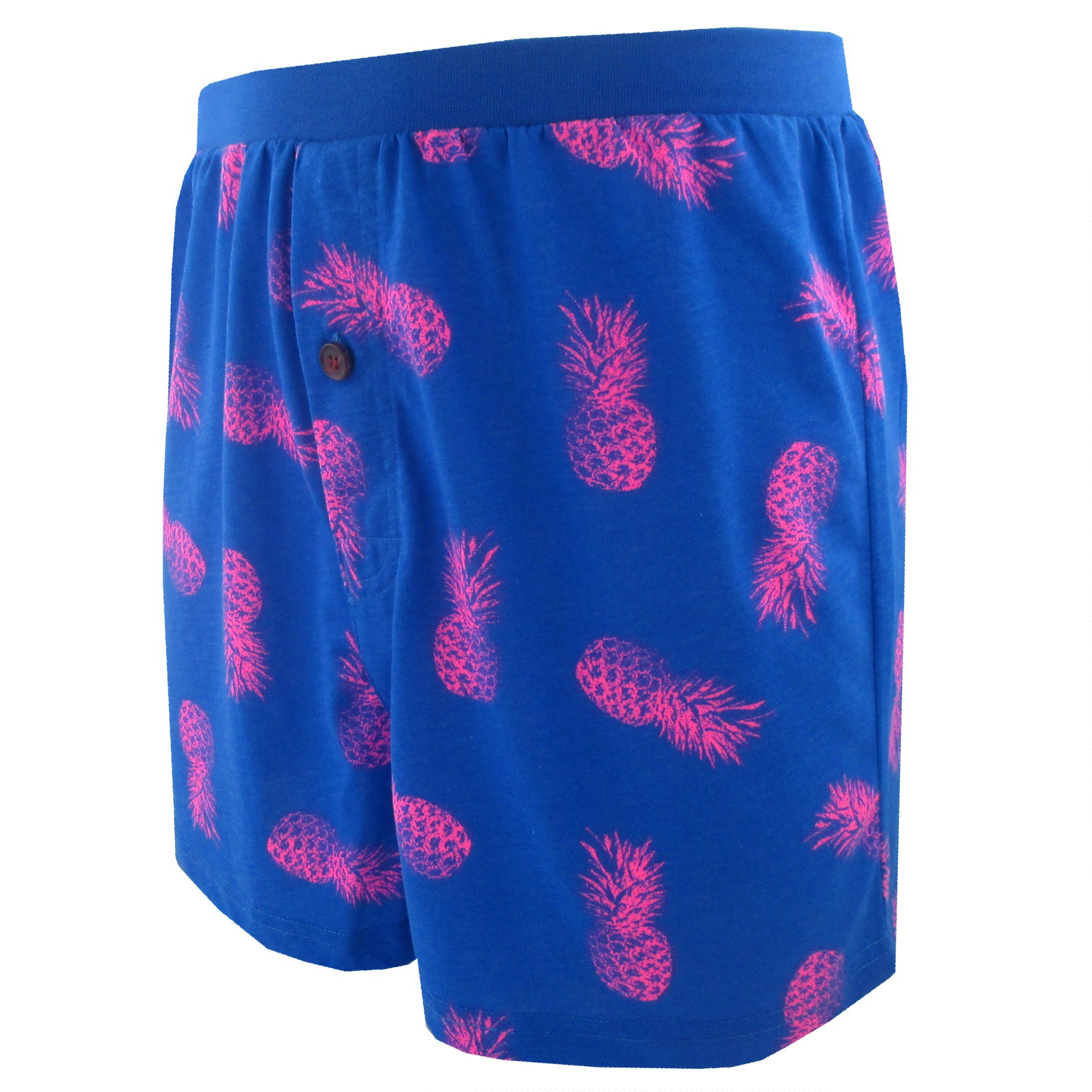 Men's Bright Blue Fruity Pineapple Patterned Cotton Knit Boxer Shorts