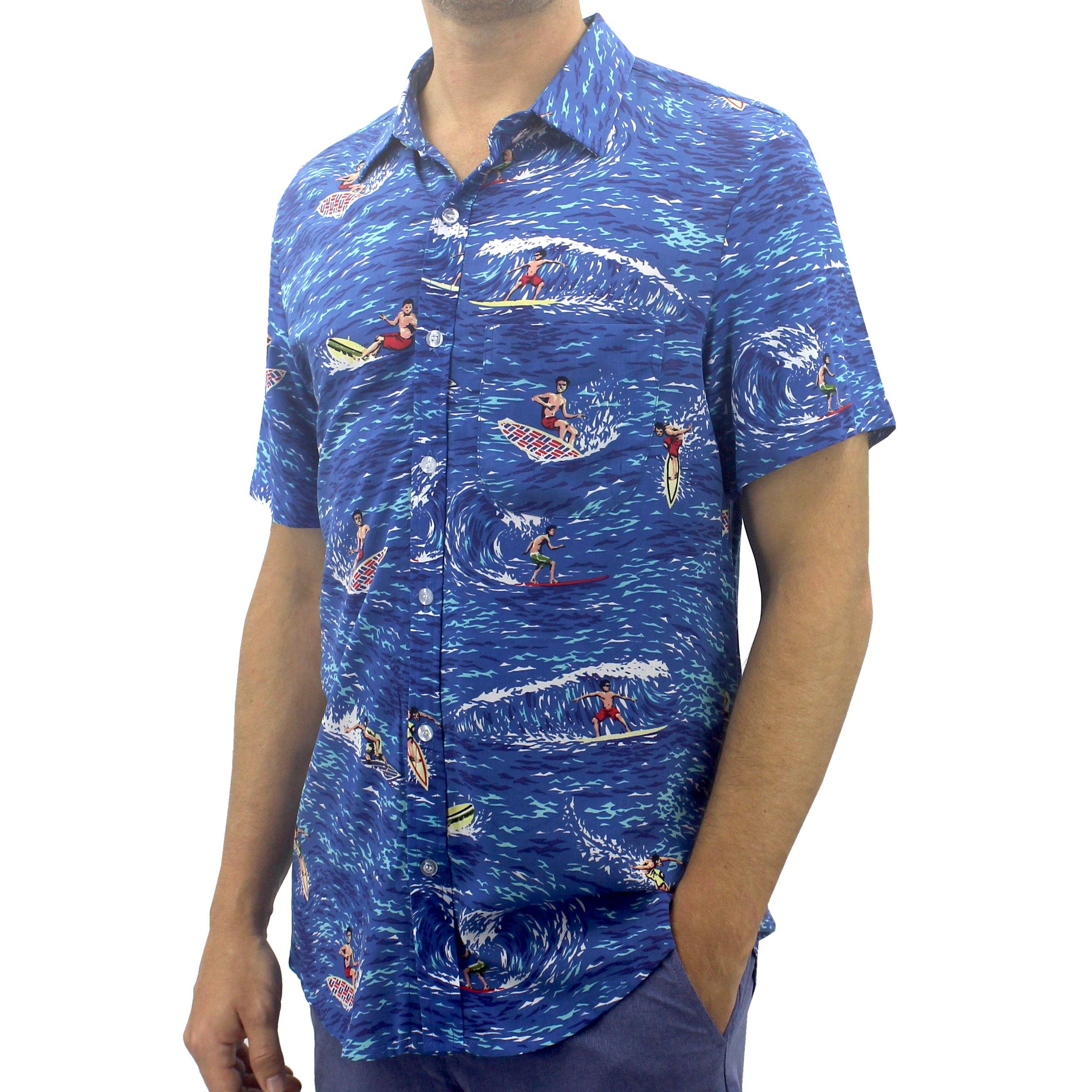 Rock Atoll Men's Casual Summer Hawaiian Shirt for Surfers with Surfing Surfboard Print