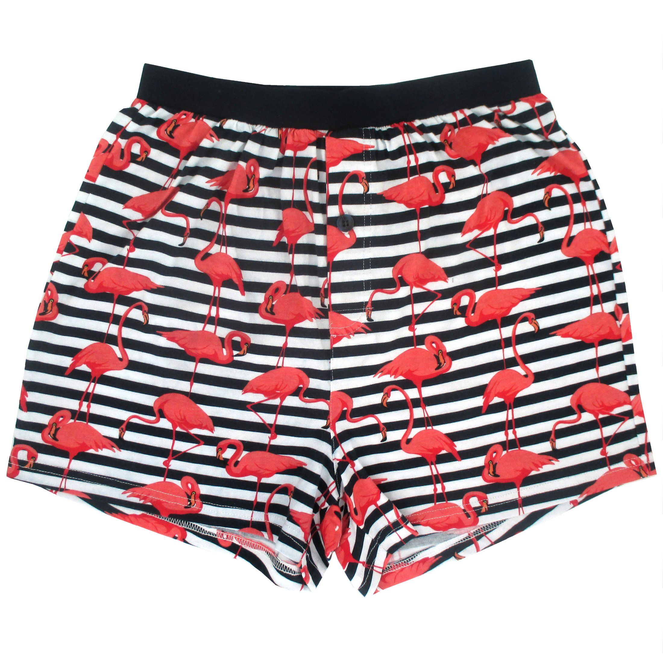 Men's Pink Flamingo All Over Print Striped Cotton Knit Boxer Shorts