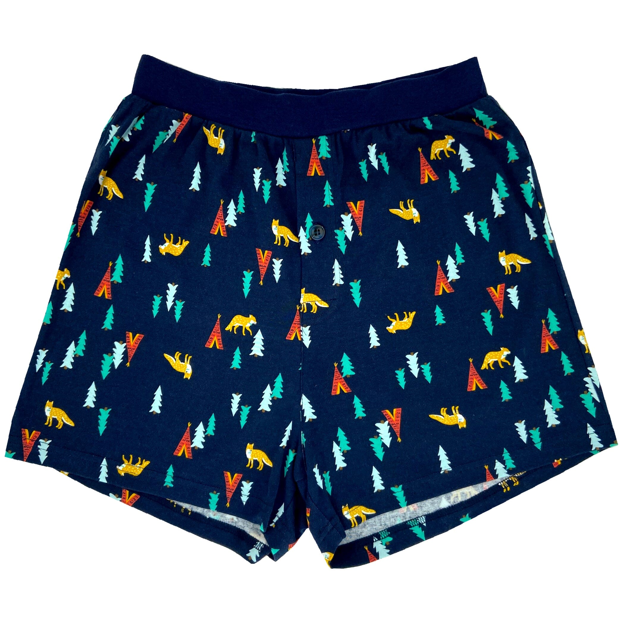 Men's Orange Fox & Teepee Tent Print Cotton Knit Boxer Pajama Shorts