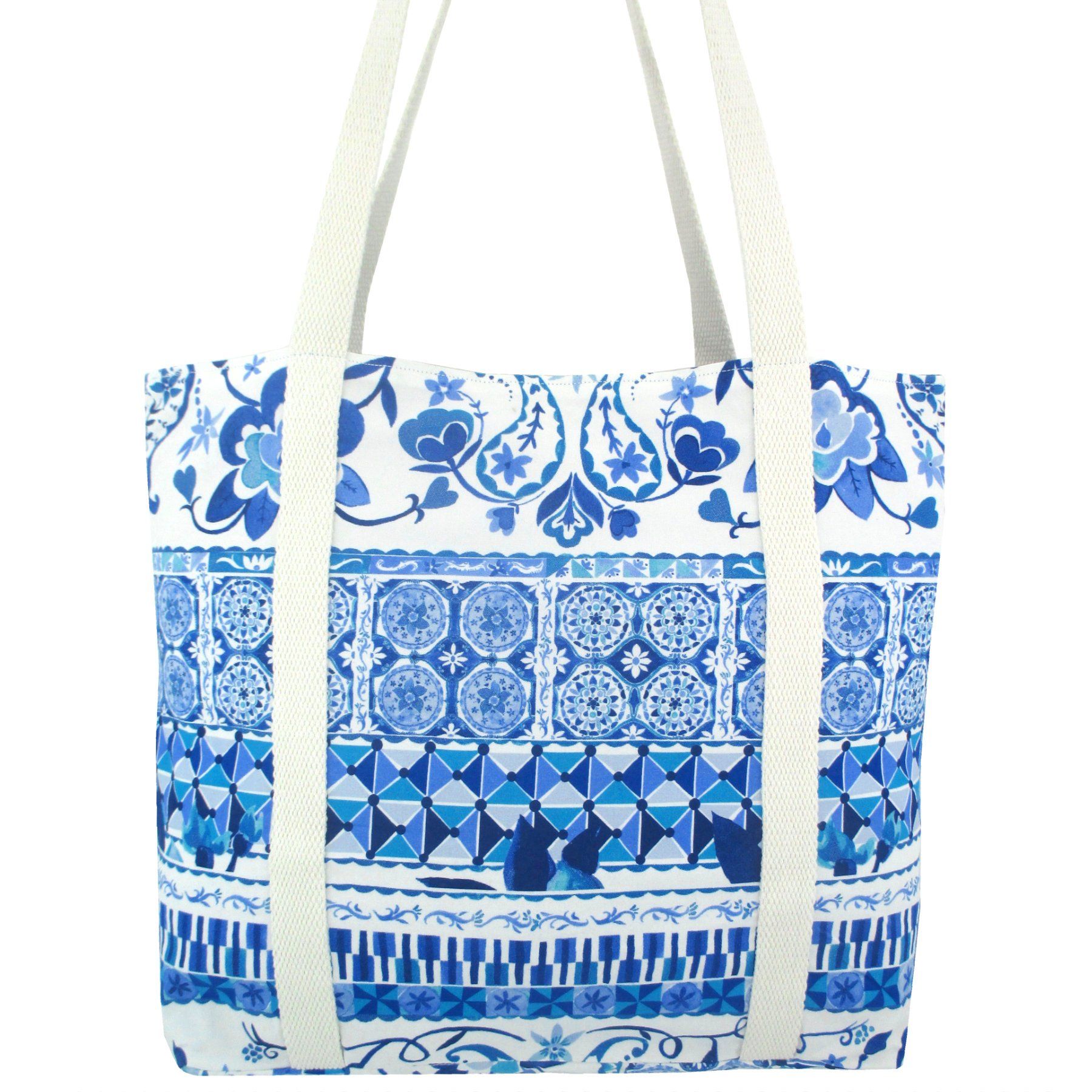 Blue Floral Paisley Mosaic All Over Print Pretty Canvas Tote Bag in White and Blue