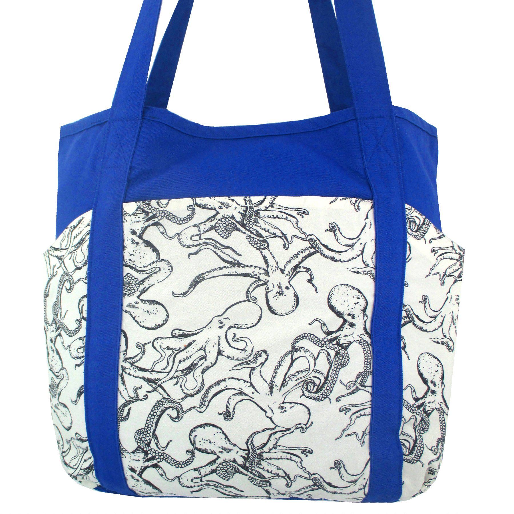 Blue Octopus All Over Print Cotton Weekend Large Utility Tote Bag for Women with Pockets