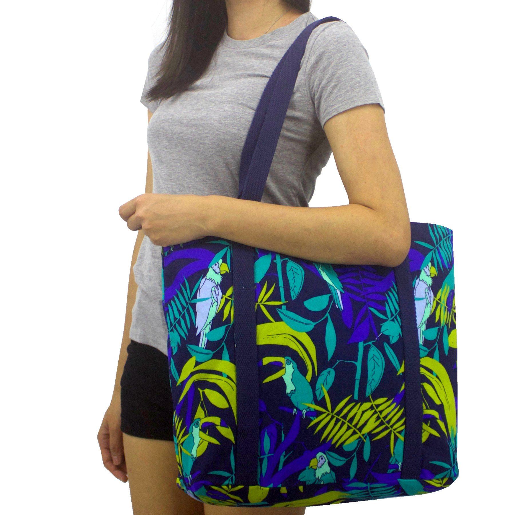 Jungle Parrot Toucan Bird Print Large Cotton Fabric Lightweight Lined Tote Bag