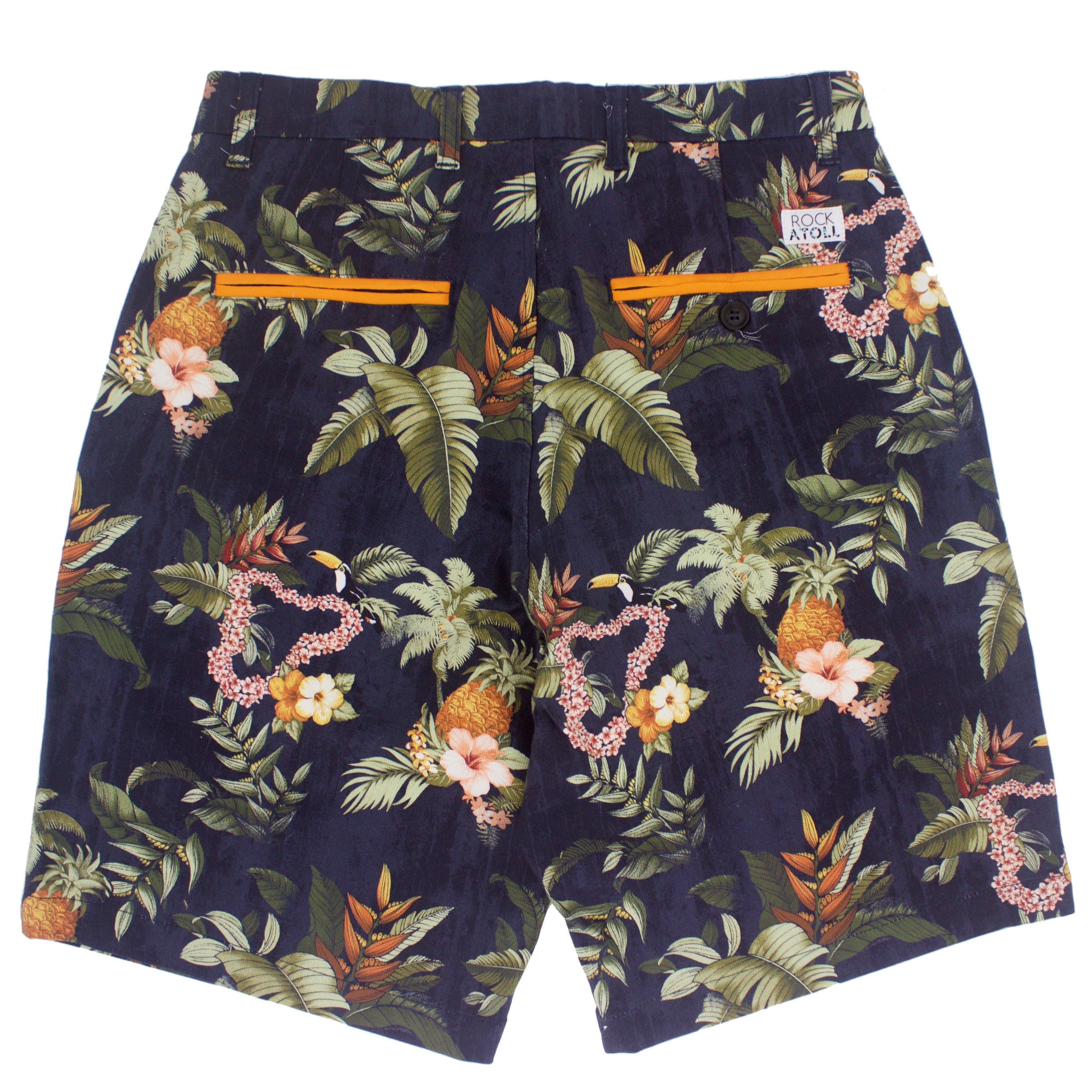 Crazy Golf Shorts for Men with Toucans and Palm Leaves