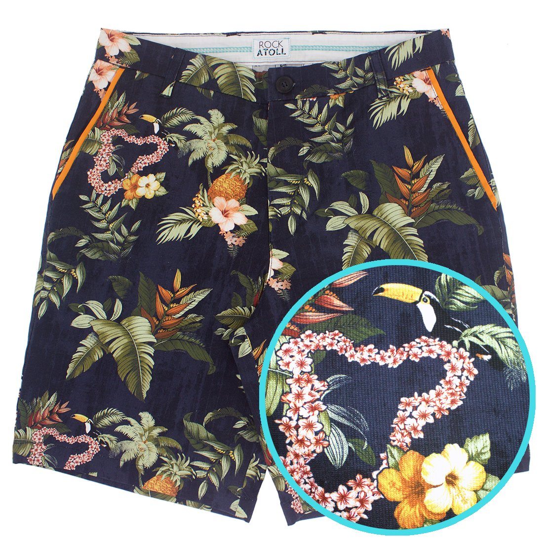 Hawaiian Flowers Leaf Toucan All Over Print Flat Front Men's Shorts
