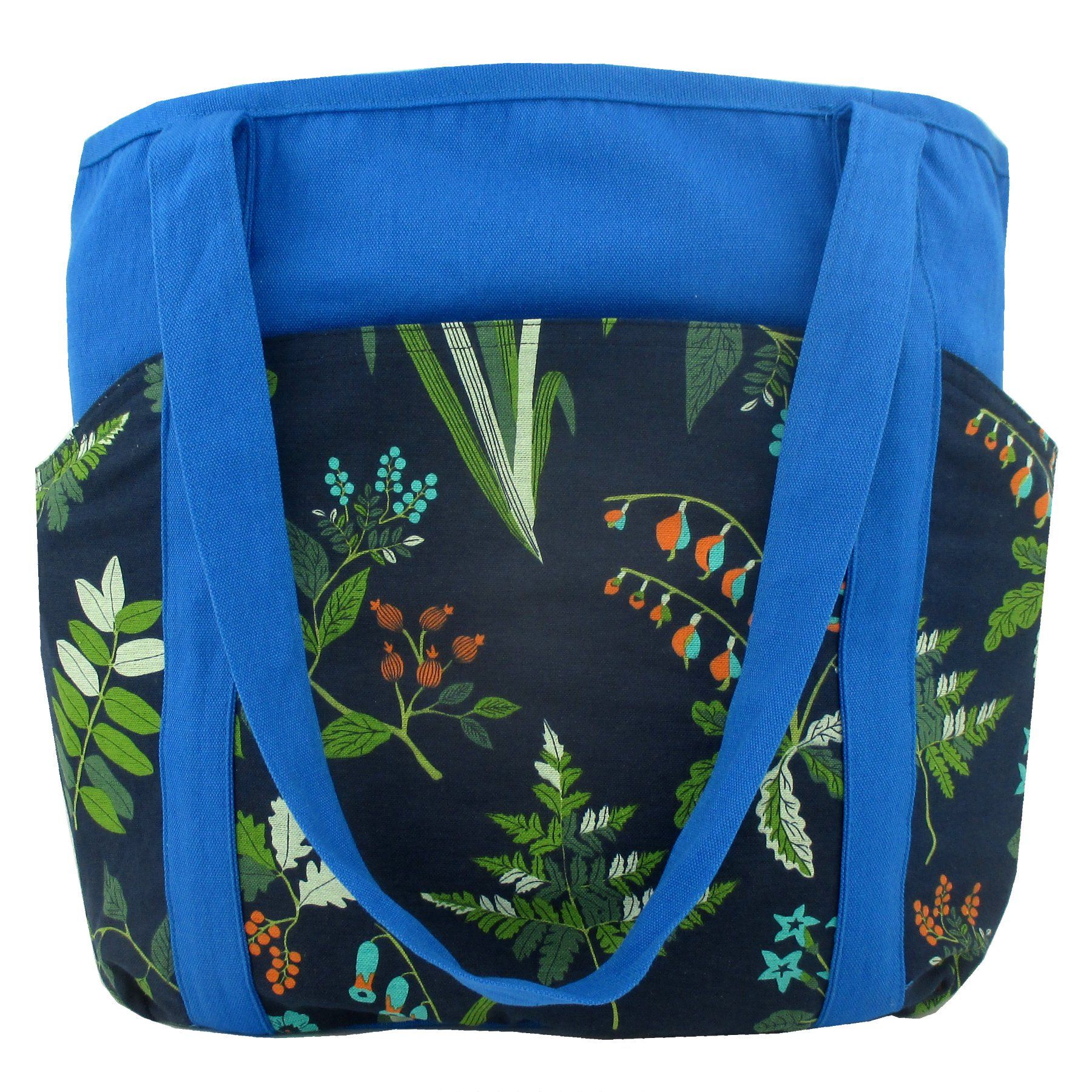 Blue Floral Plant Succulent Print Cotton Weekend :Tote Bag with Pockets