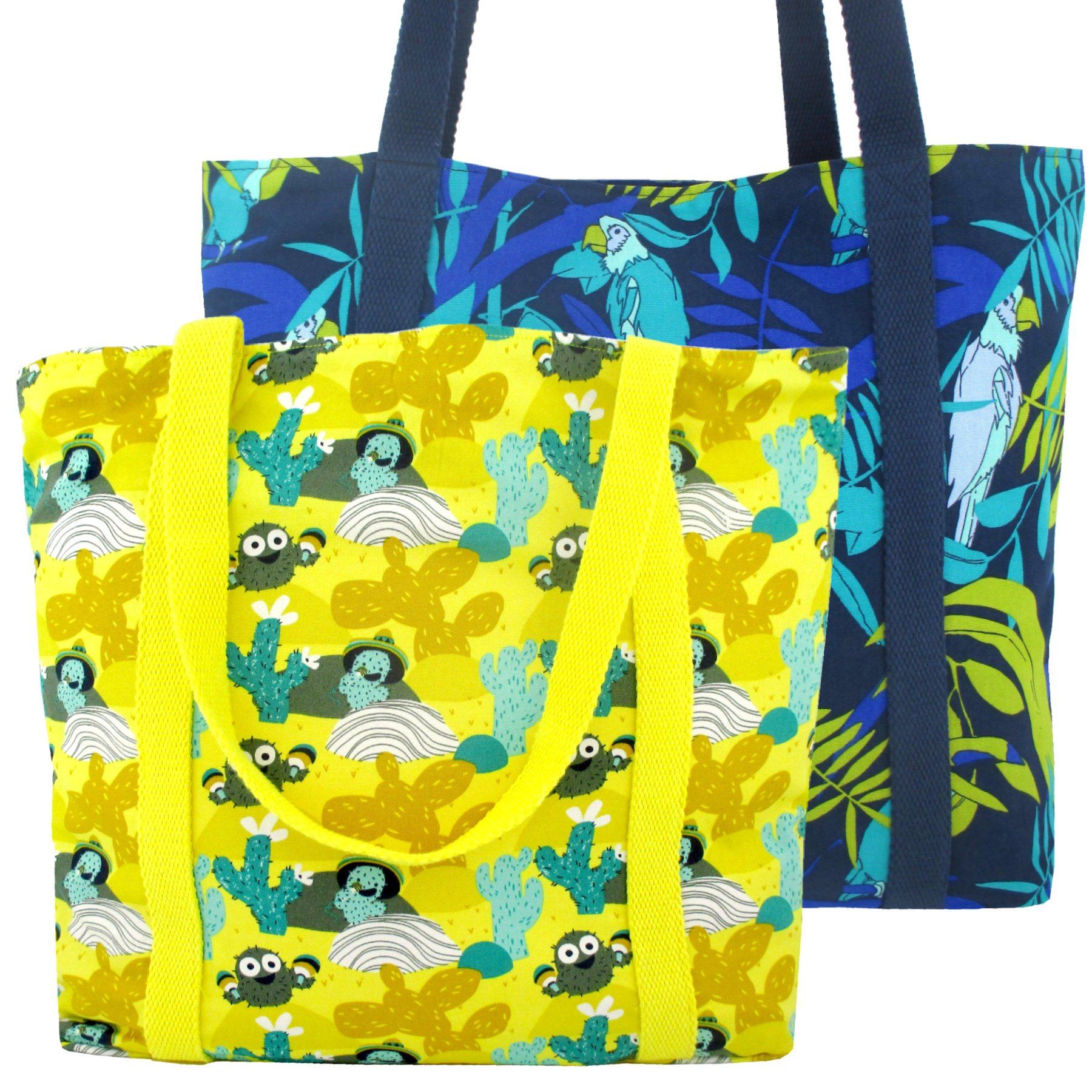 Yellow and Blue Large Shopper Totes in Colorful Animal Desert Themed Print | Pack of 2