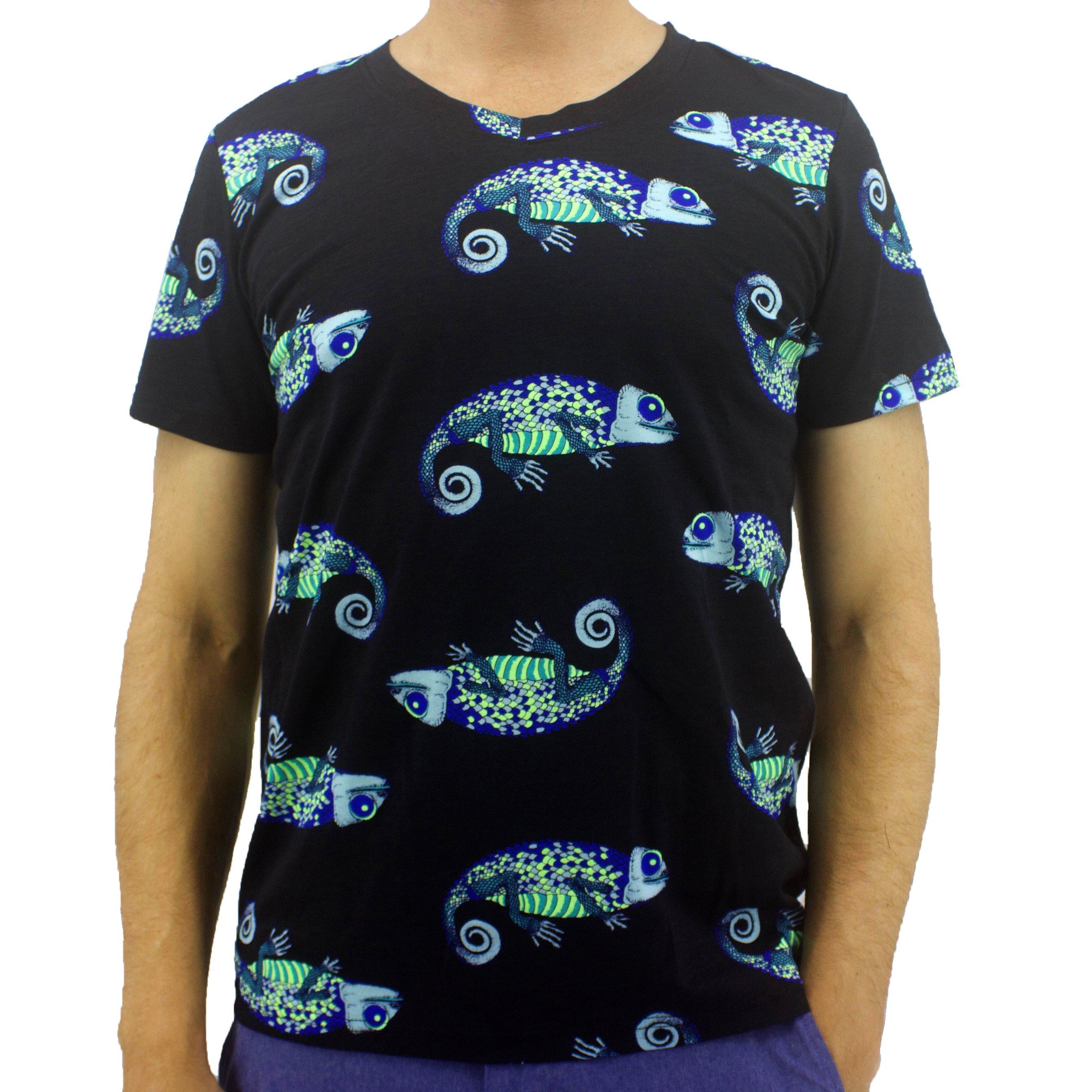 Black Chameleon All Over Print Cotton Crew Neck T-Shirt