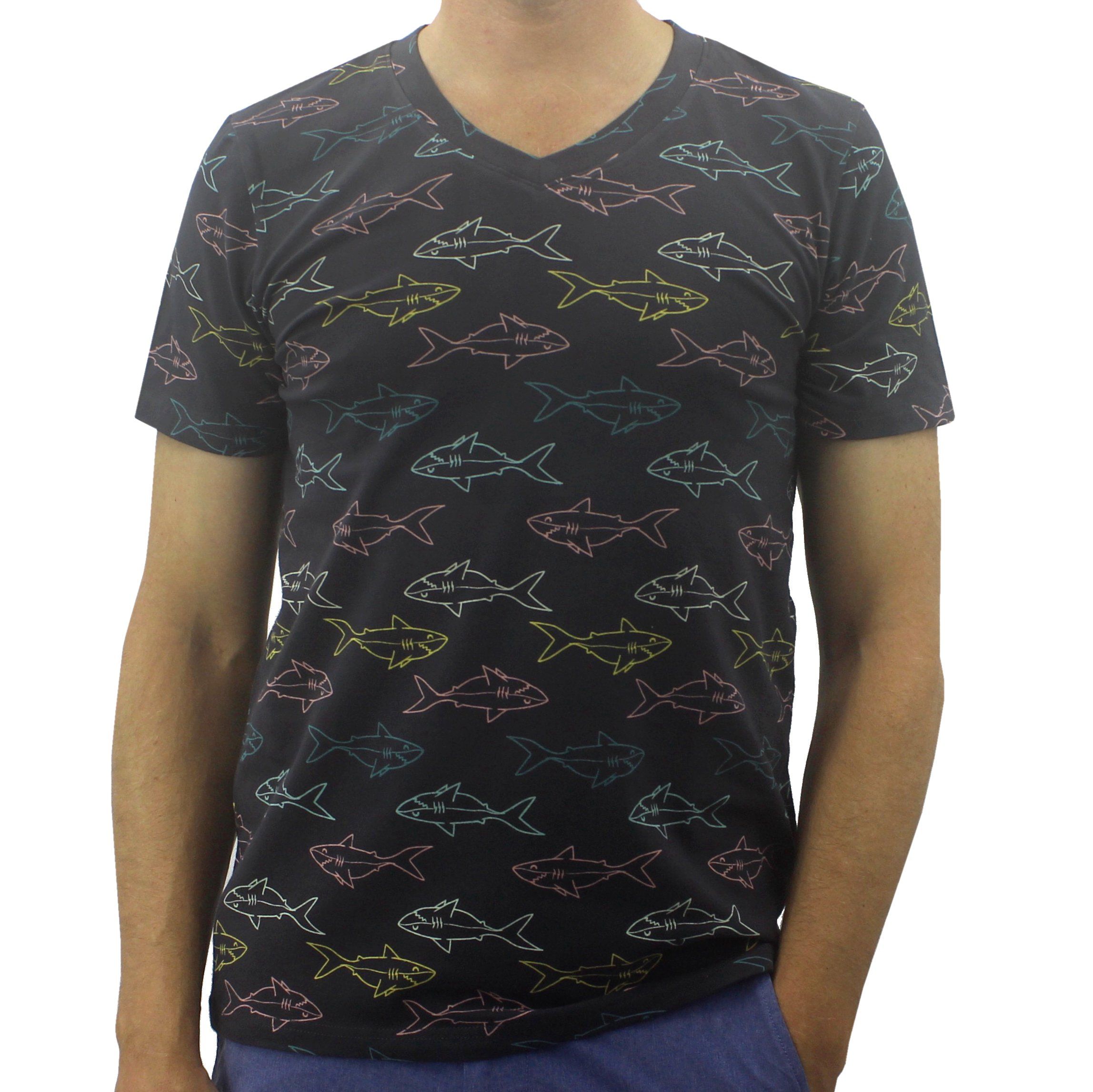 Casual V-Neck Shark All Over Print Cotton Jersey Men's Summer T-Shirts