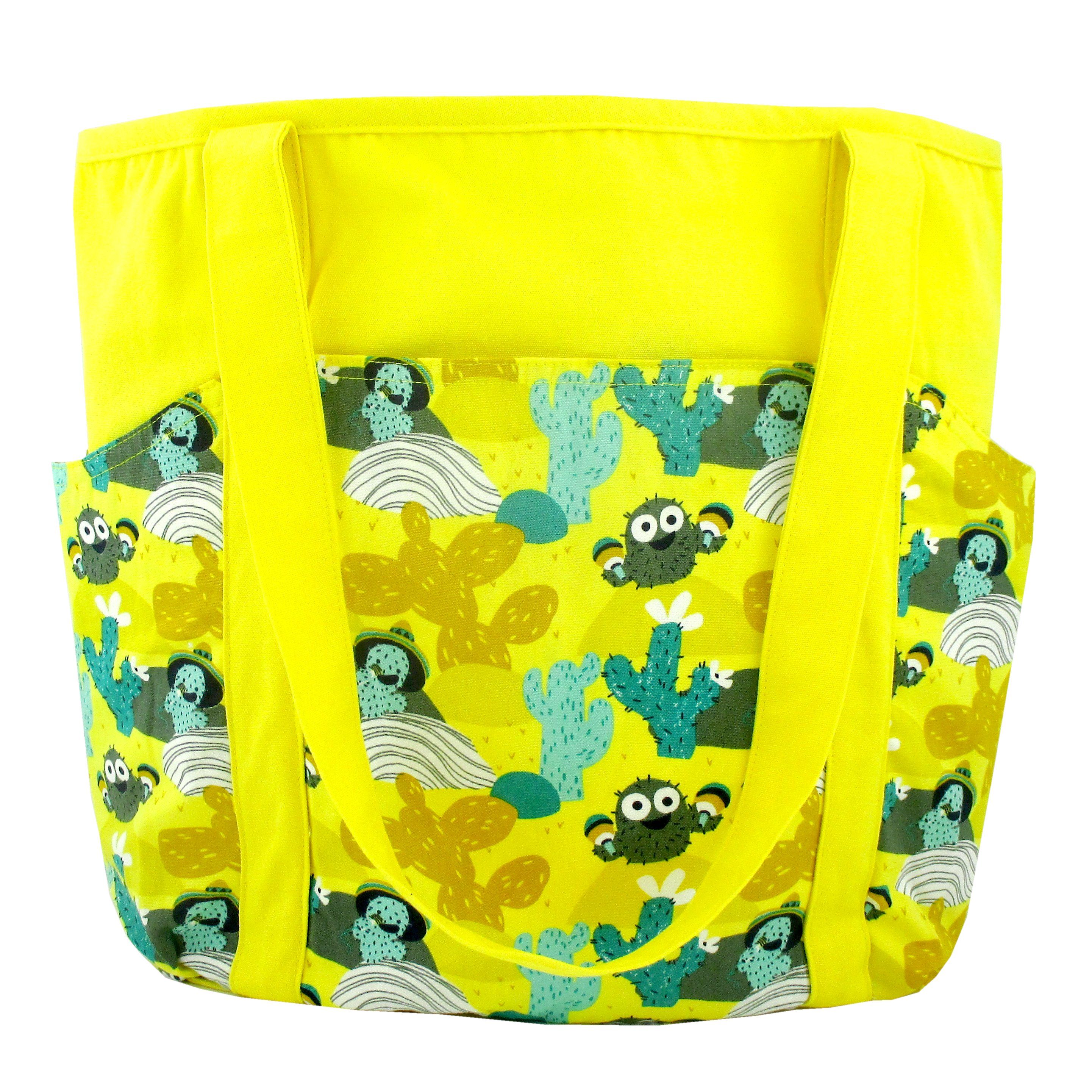 Bright Yellow Desert Themed Cactus Pattern Large Utility Shoulder Tote Shopper Bag with Pockets