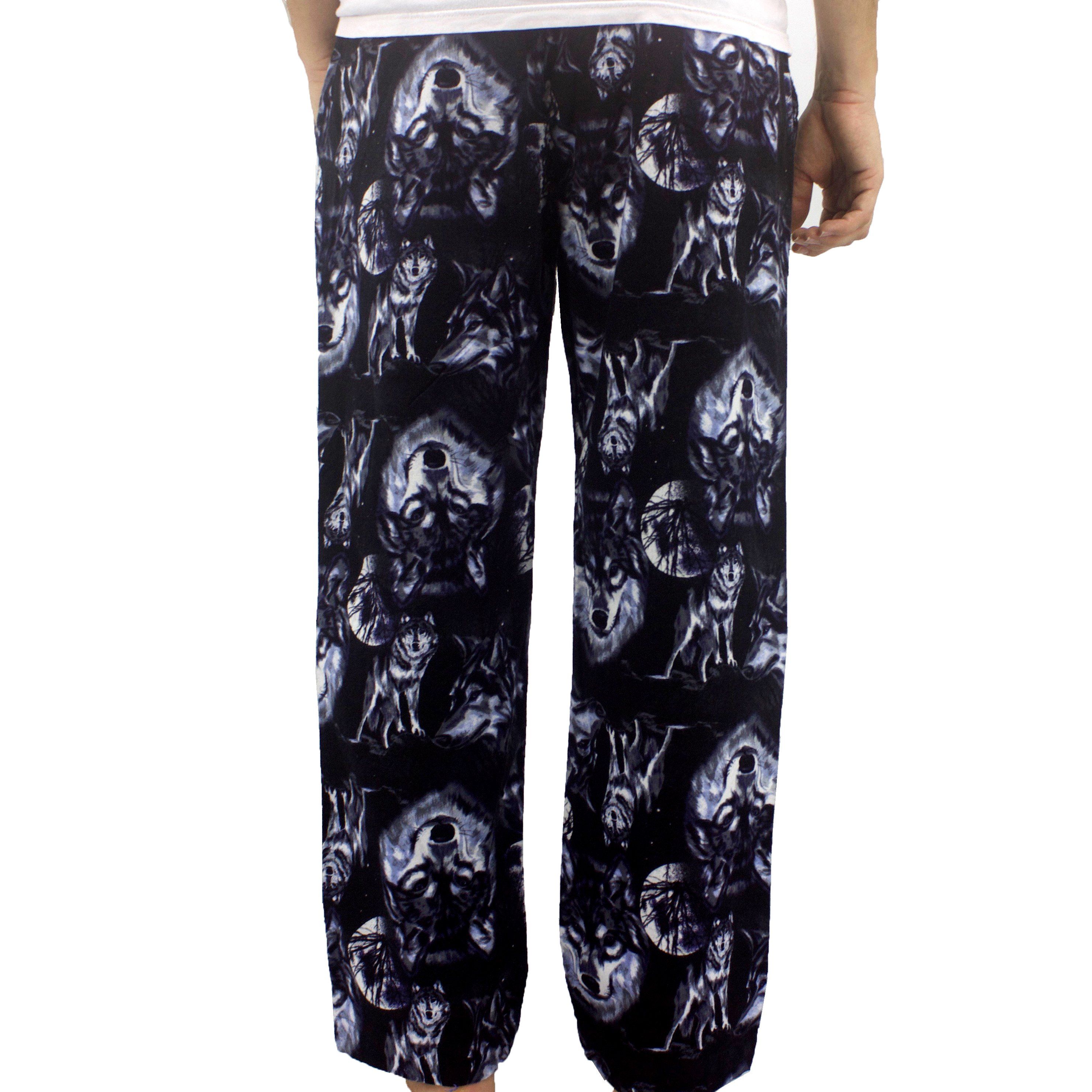 Wolves All Over Print Soft Warm Cotton Flannel Pj Pajama Pants for Men in Black