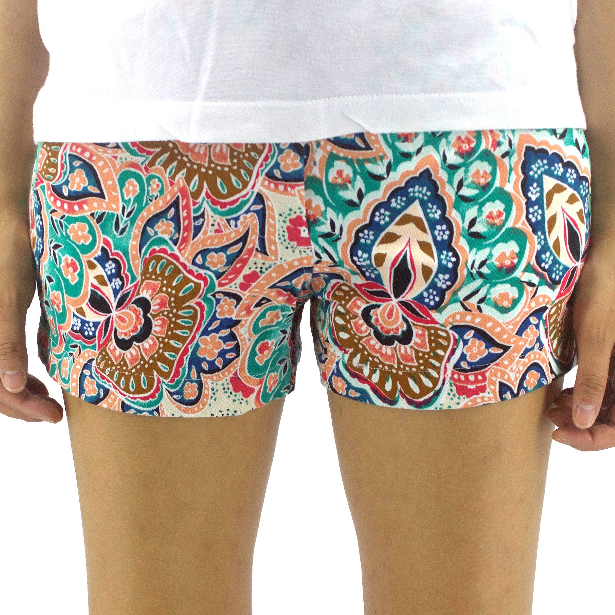 Bright Colorful Floral Paisley Print Orange Chino 3 Inch Inseam Shorts for Women