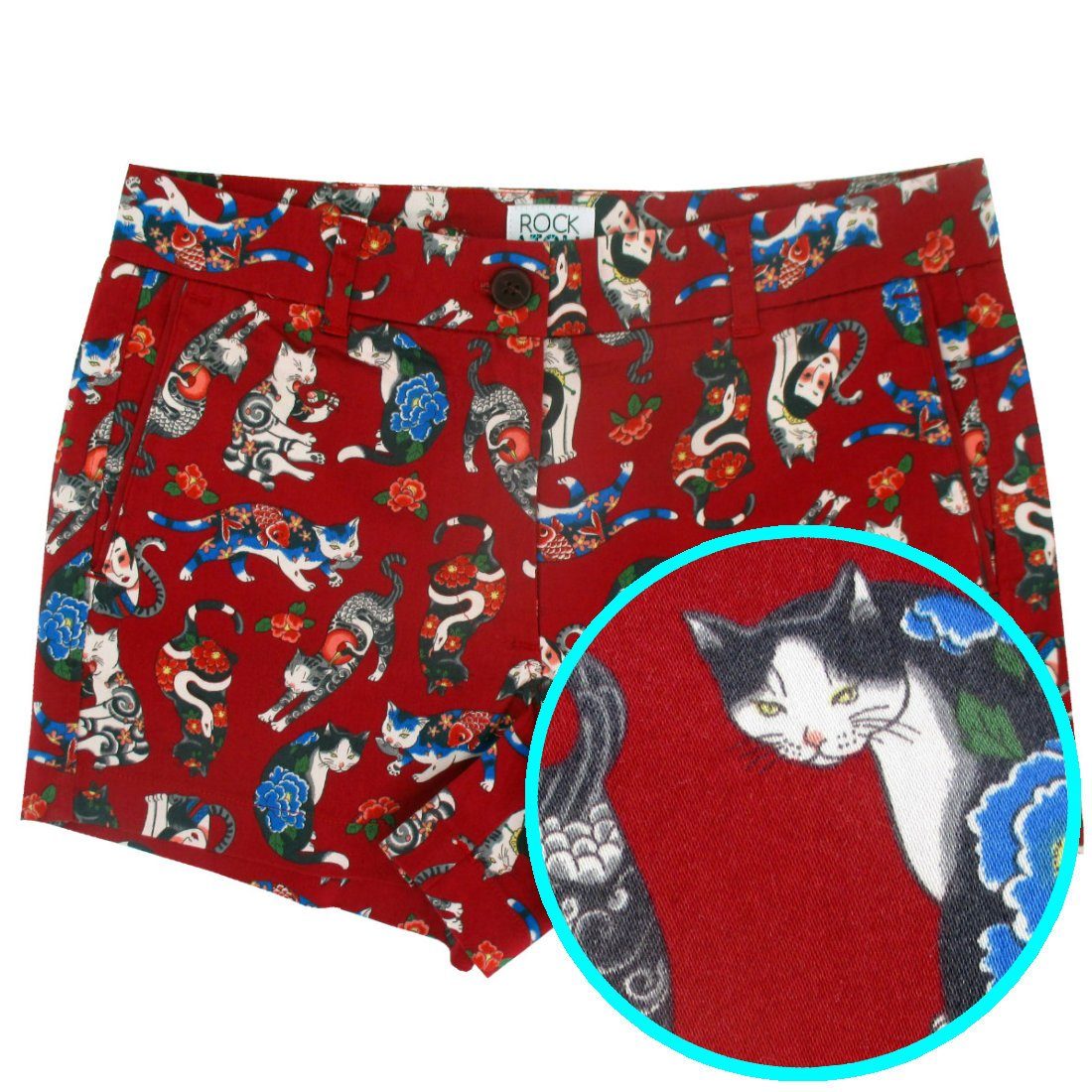 Unique Japanese Inspired Yakuza Tattoo Kitty Cat All Over Print Shorts in Red